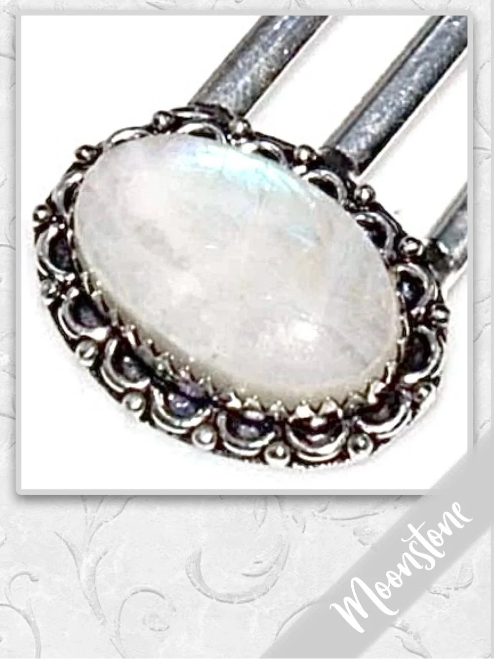 Rainbow Moonstone Large Eclectic Silver Artisan Hair Pin, 4.5” Blue-Violet flash